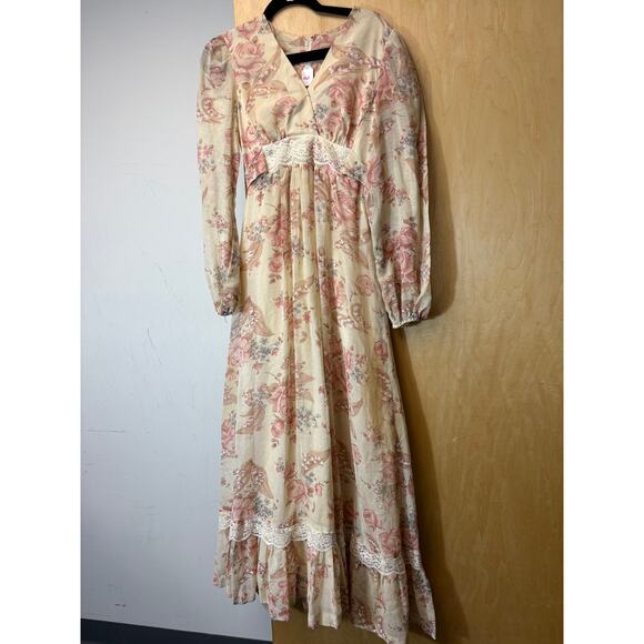 VINTAGE 70s Maxi Dress Womens Pink Beige Floral Puff Sleeve Cottagecore Small - Picture 5 of 9